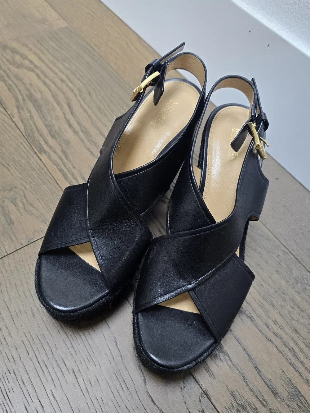 MICHAEL Michael Kors Angeline Jute & Leather Platform Wedge Sandal in Black